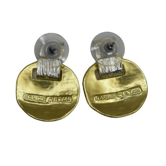 Karine Sultan Drop Disc Earrings Mixed Metal Gold Pewter Silver Post Back - Picture 3 of 4